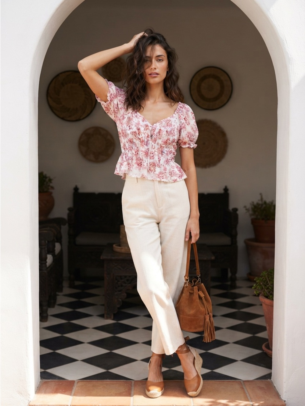 MINKPINK White Blouse with Pink Tie-Dye Smocking